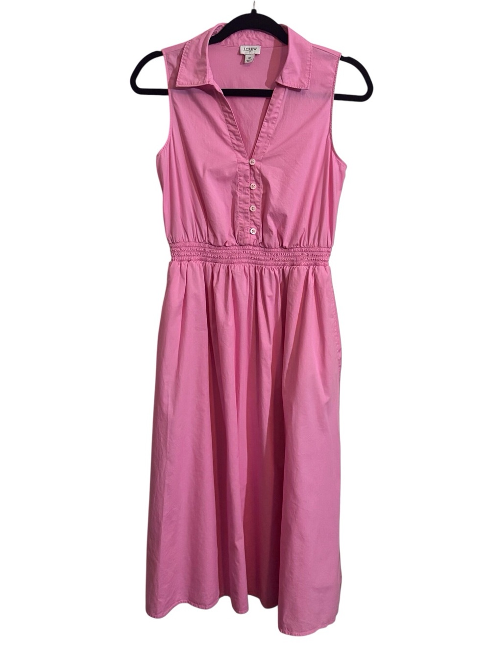 J. Crew Size 0 Pink Sleeveless Collared Midi Dress Preppy Cotton Elastic Waist